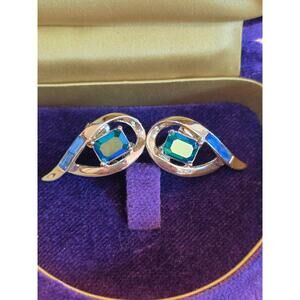 Vintage‎ Coro Clip On Earrings Gold Tone Green Blue AB Crystal Eye Leaf 1"